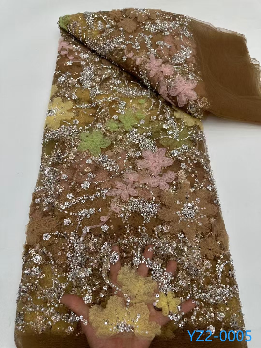 YZ Embroidery Stock Colorful Flower Beaded Lace Fabrics Sequins Net Lace Fabrics Sequence Lace For Wedding Party Dress