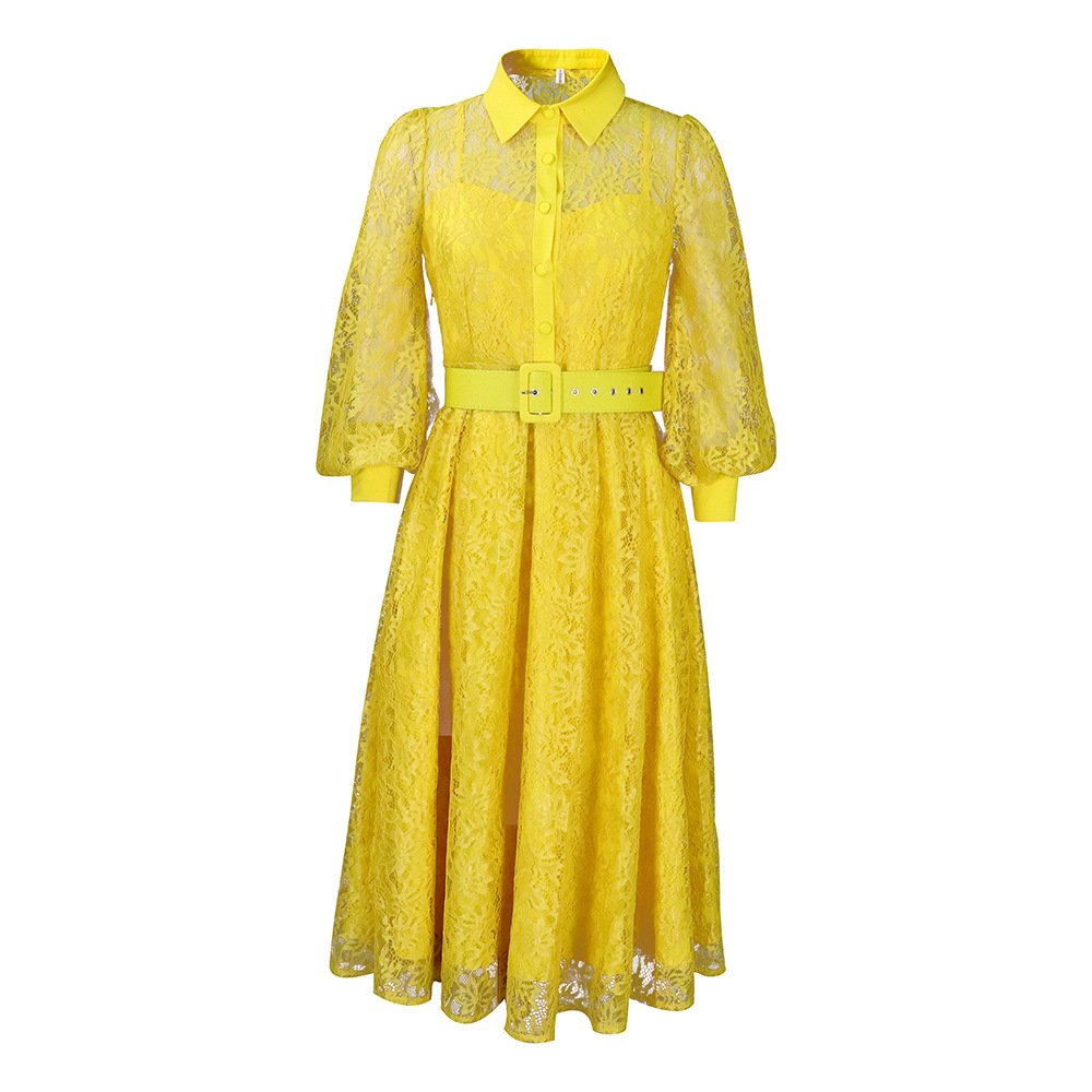 D275 Plus Size Belt Solid Color Elegant Hollow Dress Sexy Lace Perspective Dress