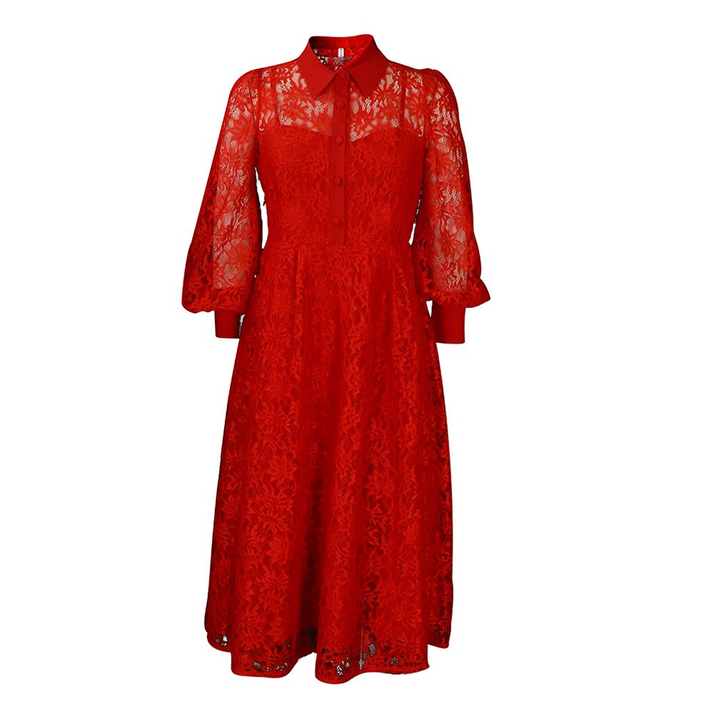 D275 Plus Size Belt Solid Color Elegant Hollow Dress Sexy Lace Perspective Dress