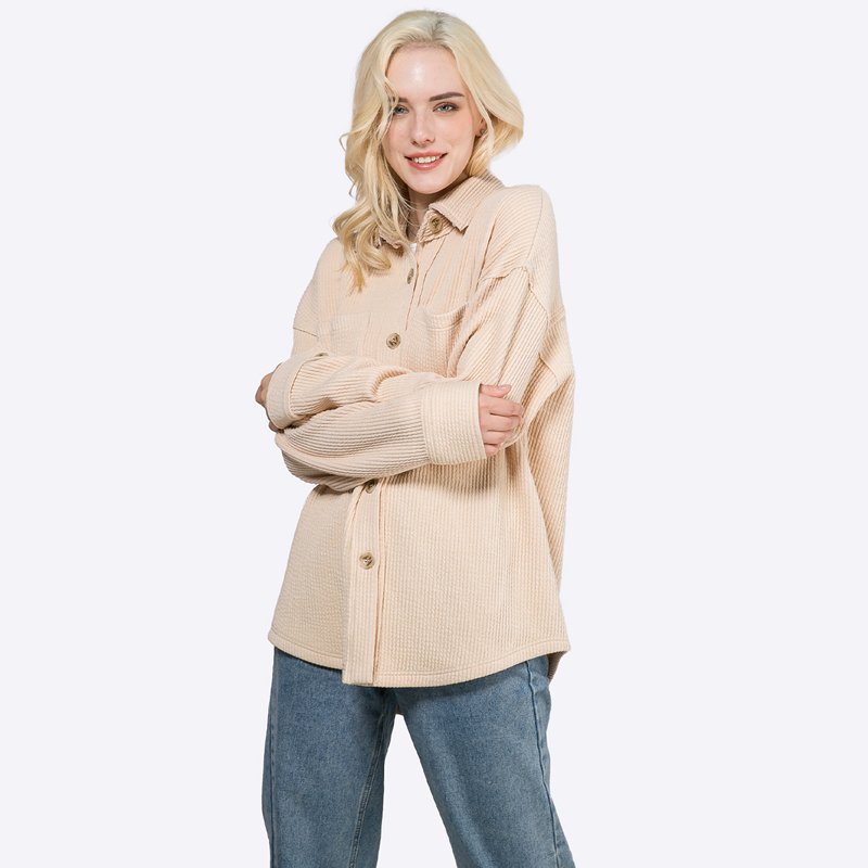 Customized 2024 Shacket Solid Color Ribbed Jacket shackets with pockets for women spring fall women clothing wholesale