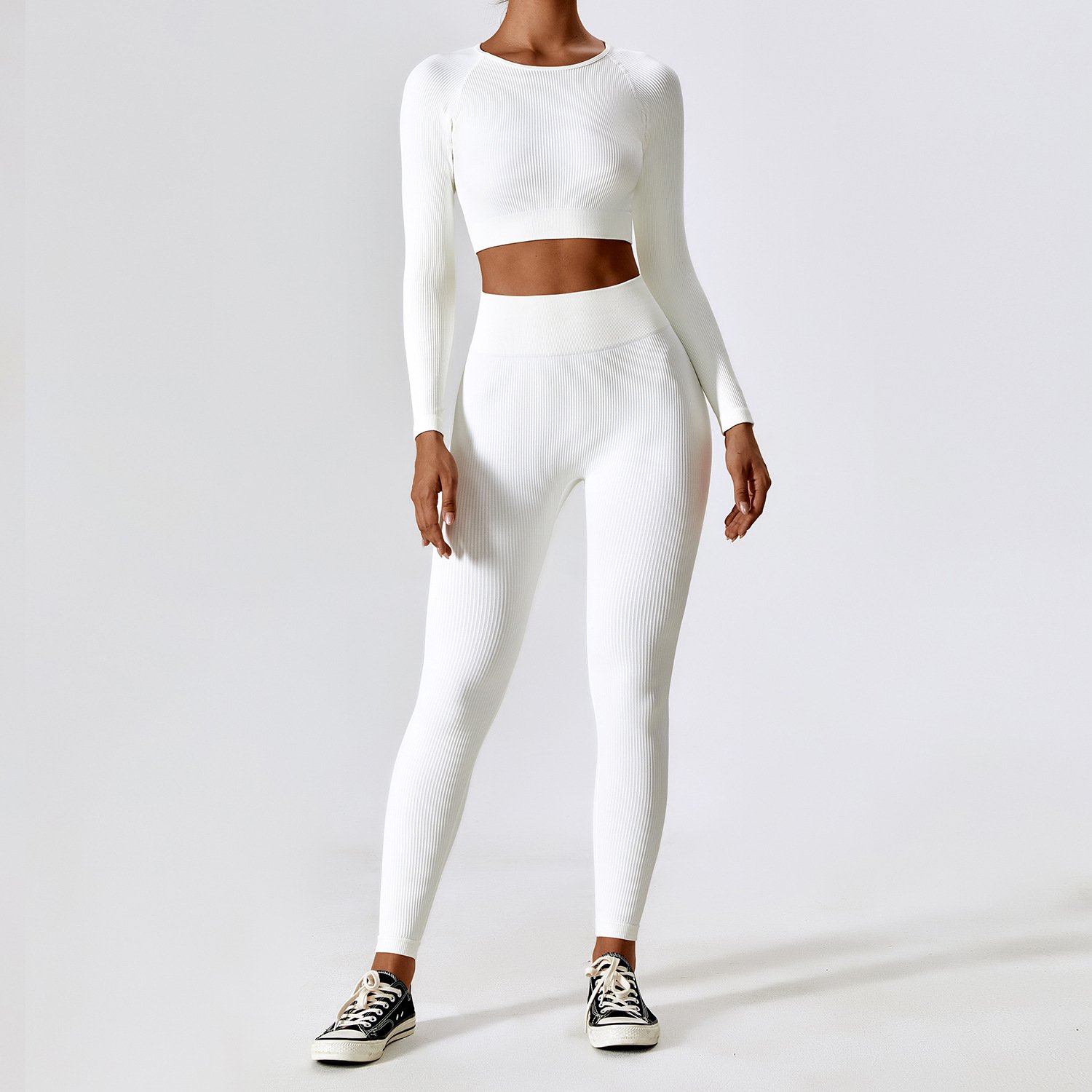 Women Sexy Seamless Rib Running Yoga Suit Fitness Long Sleeve Sports Bra Vest Leggings Scrunch Butt Gym Yoga Set