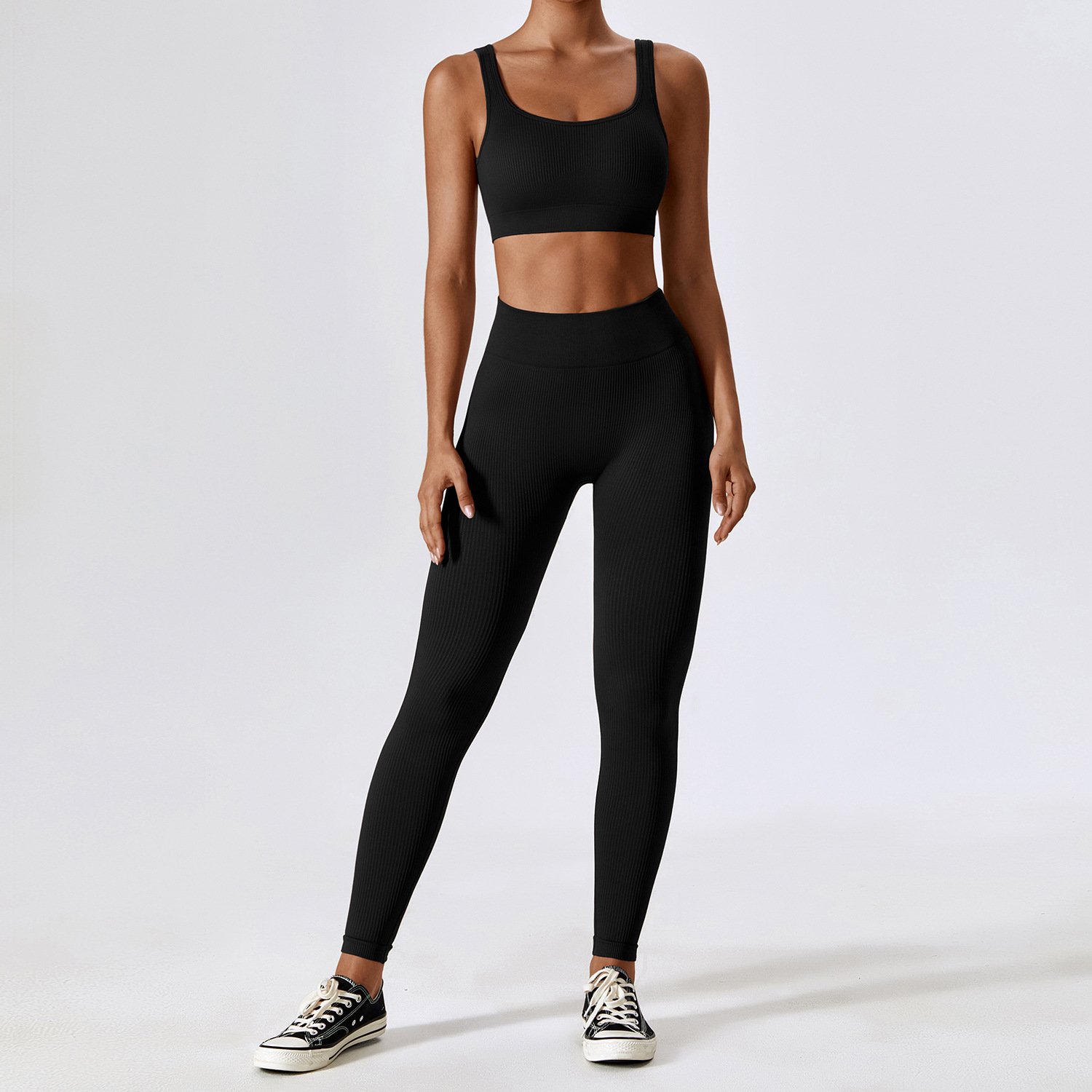 Women Sexy Seamless Rib Running Yoga Suit Fitness Long Sleeve Sports Bra Vest Leggings Scrunch Butt Gym Yoga Set