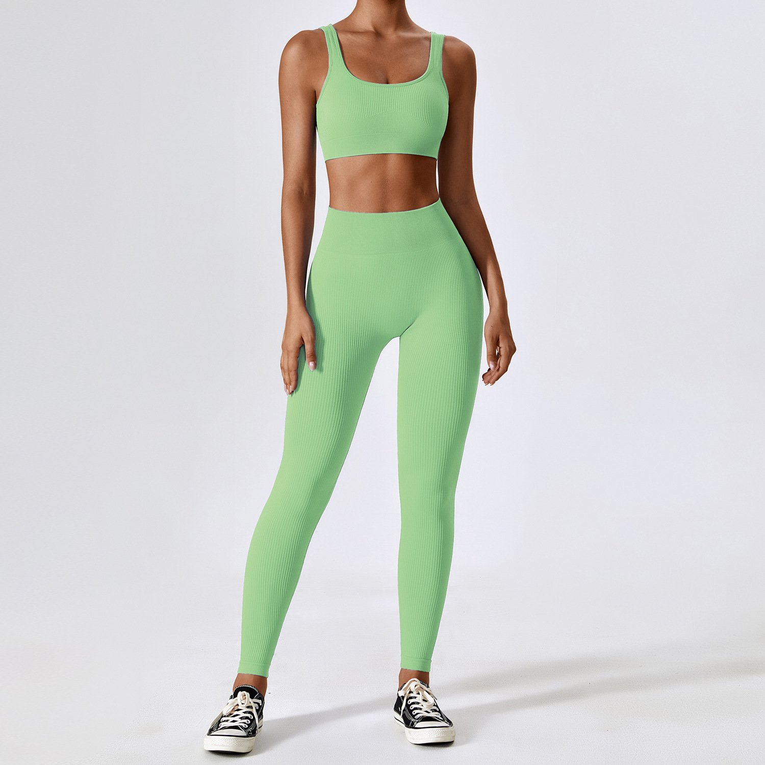Women Sexy Seamless Rib Running Yoga Suit Fitness Long Sleeve Sports Bra Vest Leggings Scrunch Butt Gym Yoga Set