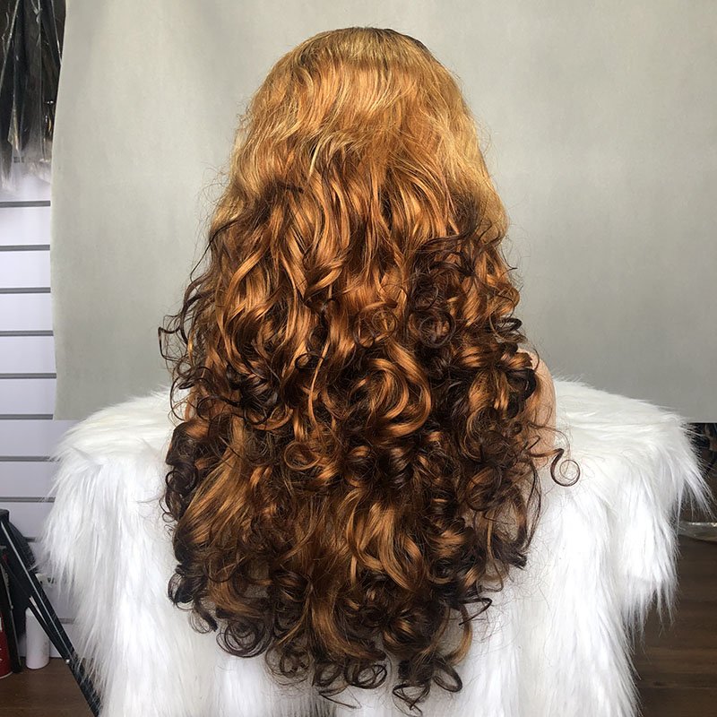 Popular Color Funmi Double Drawn T4/27/4 Color Bouncy Wave Lace Frontal Human Hair Wig Wholesale Indian Cuticle Aligned Hair