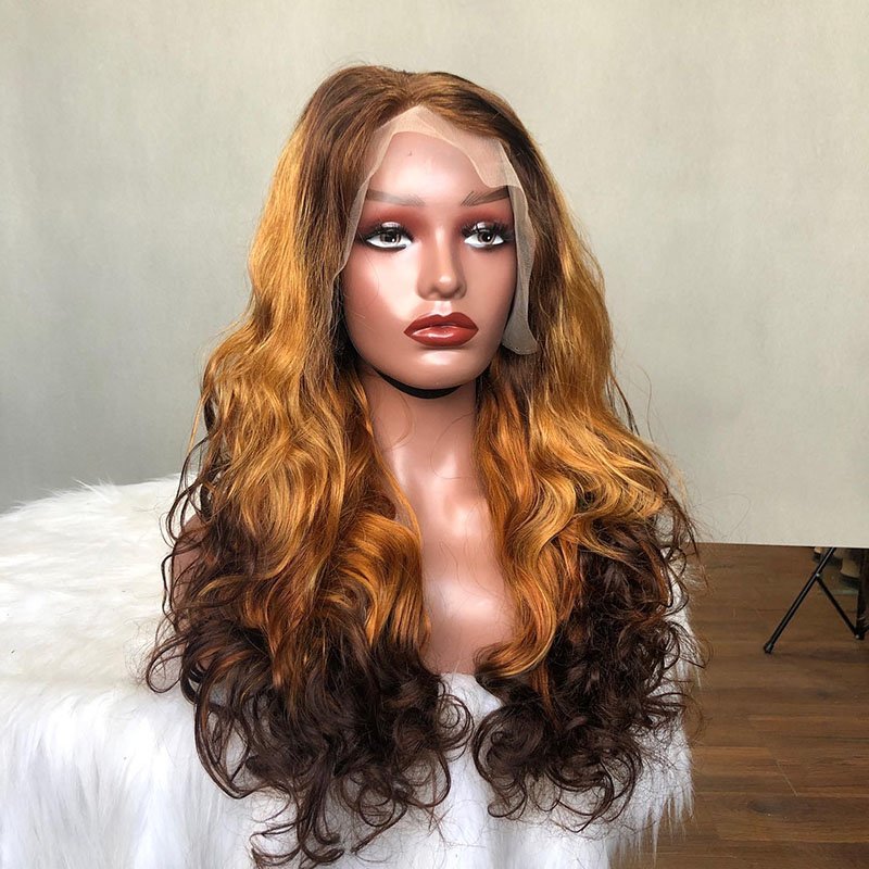 Popular Color Funmi Double Drawn T4/27/4 Color Bouncy Wave Lace Frontal Human Hair Wig Wholesale Indian Cuticle Aligned Hair