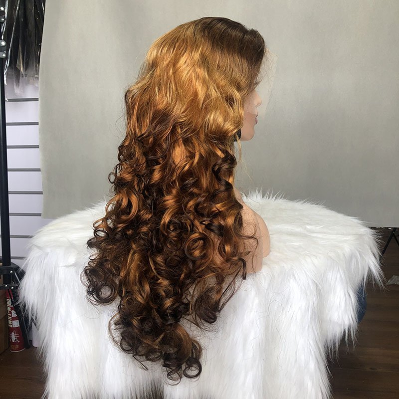 Popular Color Funmi Double Drawn T4/27/4 Color Bouncy Wave Lace Frontal Human Hair Wig Wholesale Indian Cuticle Aligned Hair