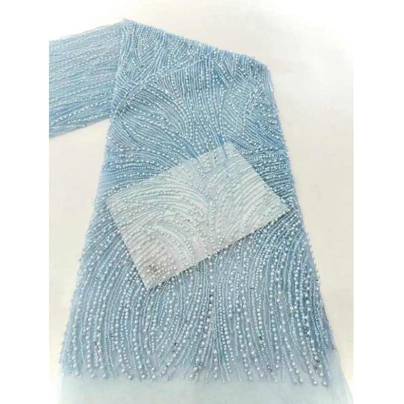 2024 Hot Sale Embroidery sequin Beaded Wedding Dress Sky Blue Luxury Bead fabric Heavy beaded Bridal Sequin Lace Fabric Material
