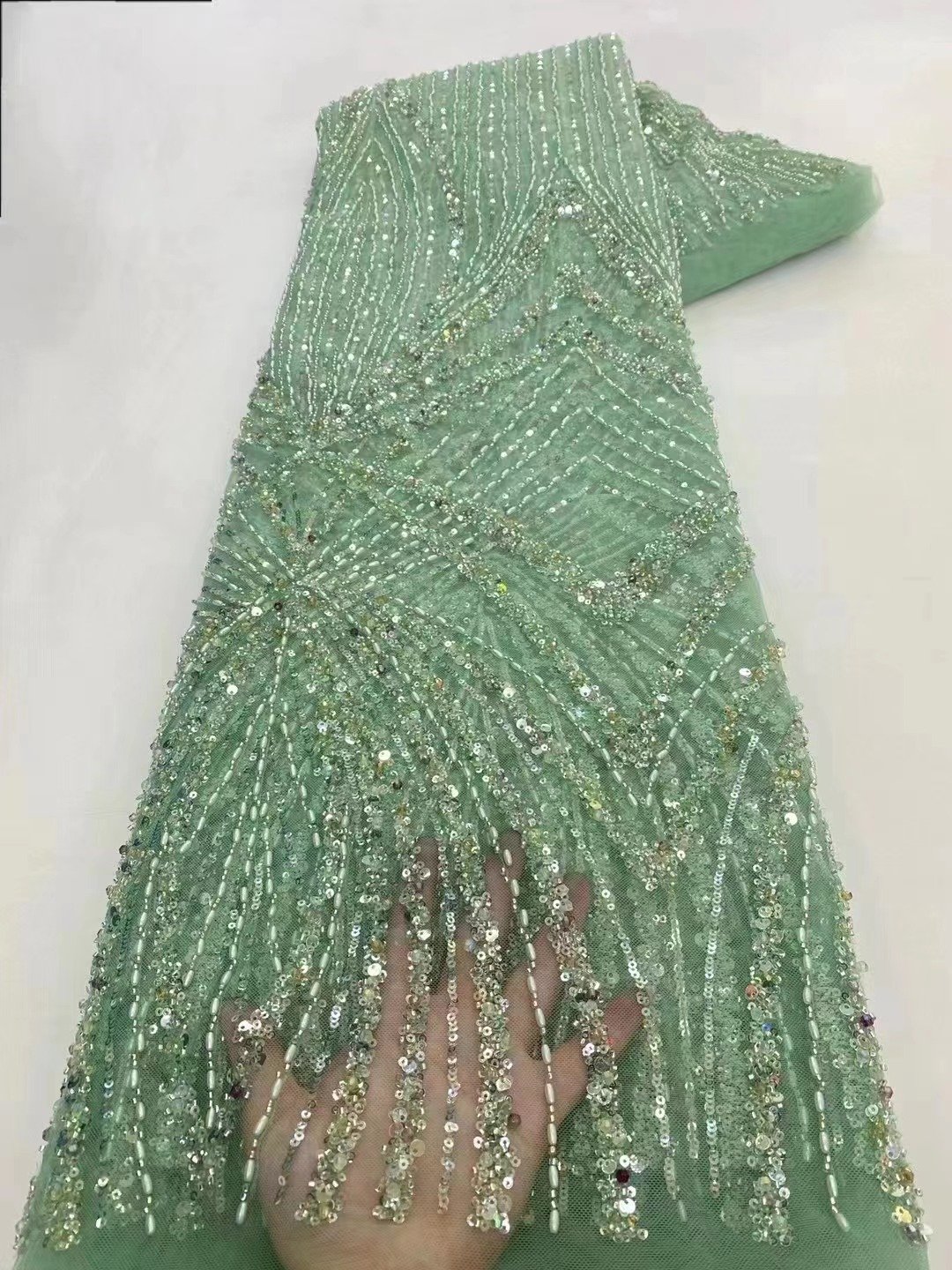 High Quality Bridal Beaded Lace Fabric with Sequins Premium Quality Beads and Pearls for Ceremonial Dresses