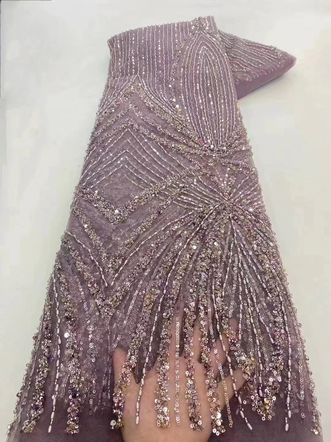 High Quality Bridal Beaded Lace Fabric with Sequins Premium Quality Beads and Pearls for Ceremonial Dresses