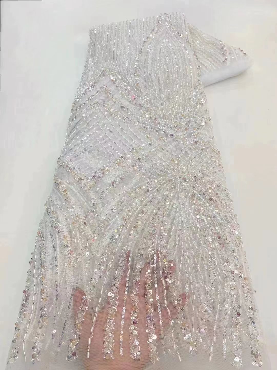 High Quality Bridal Beaded Lace Fabric with Sequins Premium Quality Beads and Pearls for Ceremonial Dresses
