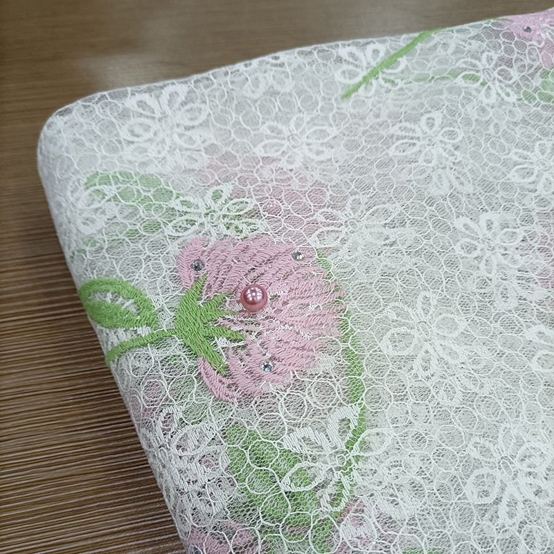 Floral Embroidered Lace Fabric With Pearl & Rhinestone
