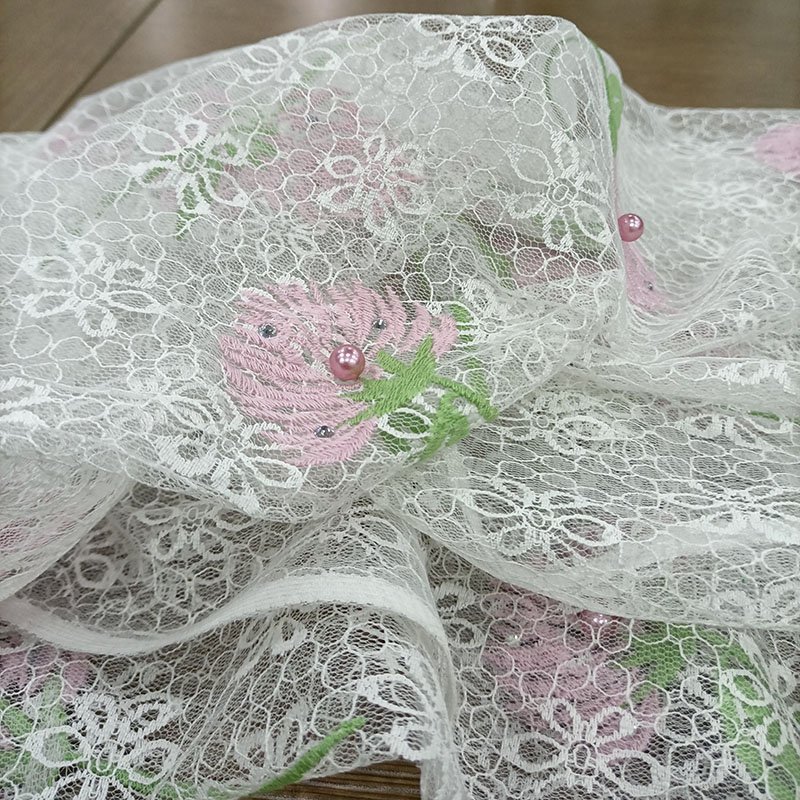 Floral Embroidered Lace Fabric With Pearl & Rhinestone