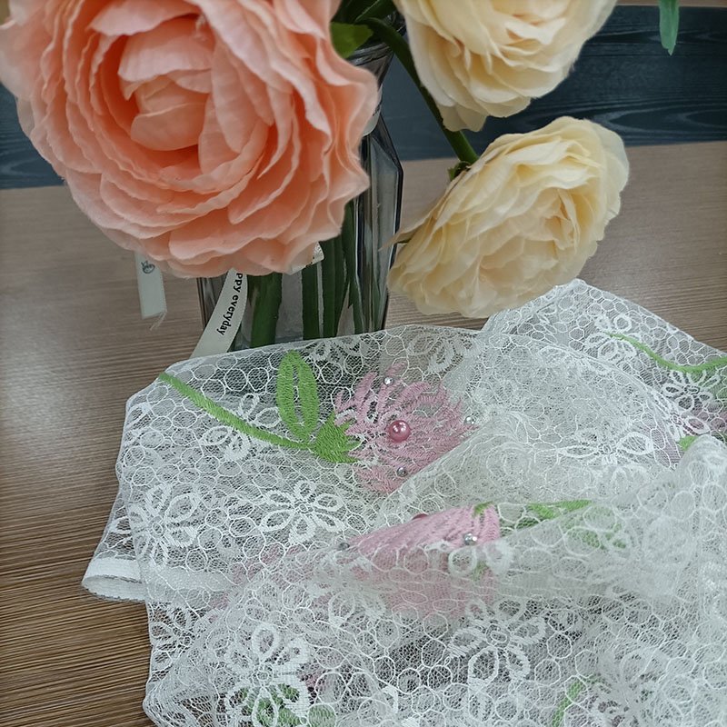 Floral Embroidered Lace Fabric With Pearl & Rhinestone