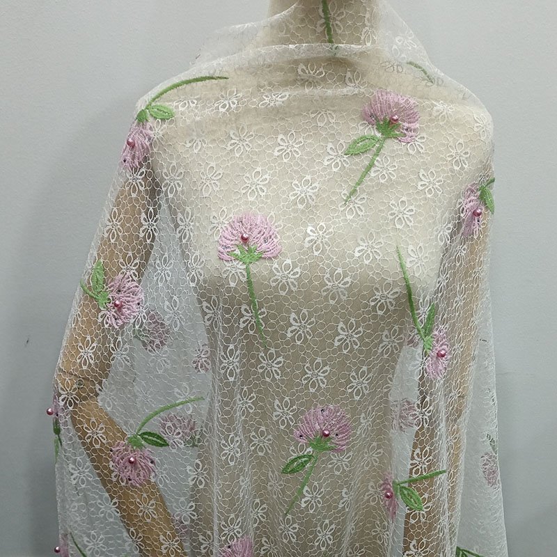 Floral Embroidered Lace Fabric With Pearl & Rhinestone