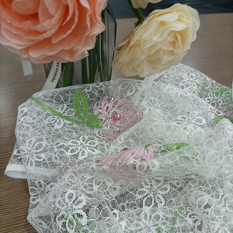 Floral Embroidered Lace Fabric With Pearl & Rhinestone