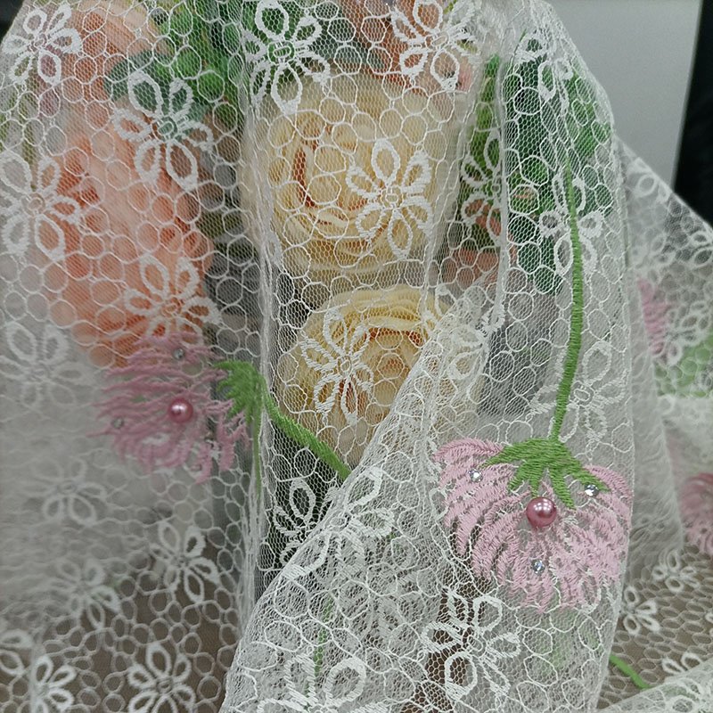 Floral Embroidered Lace Fabric With Pearl & Rhinestone