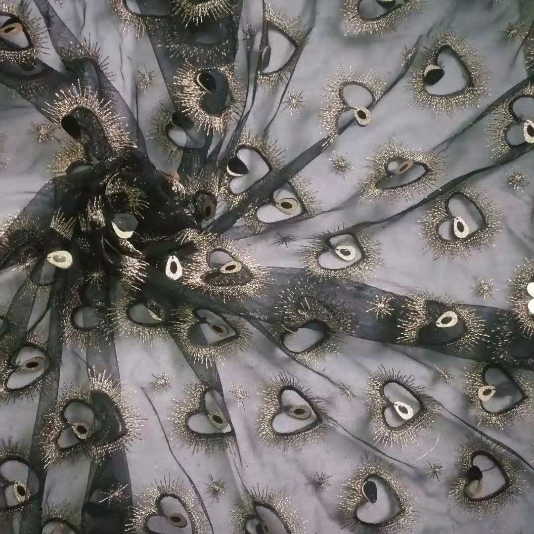 HG1122 tulle lace fabric long skirt heart design feather sequins lace embroidery fabric tulle sequin fabric
