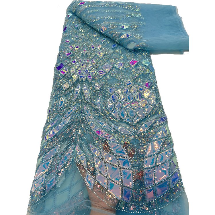 African Wedding Supplies Sequins Beads Embroidered Fabric Blue Lace Glitter Lace Fabric