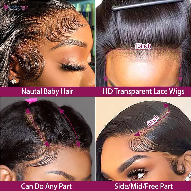 1B Black Color 150% 180% Density Silky Straight Human Hair 13x4 Transparent Peruvian Hair Wig Lace Front Wigs for Black Women