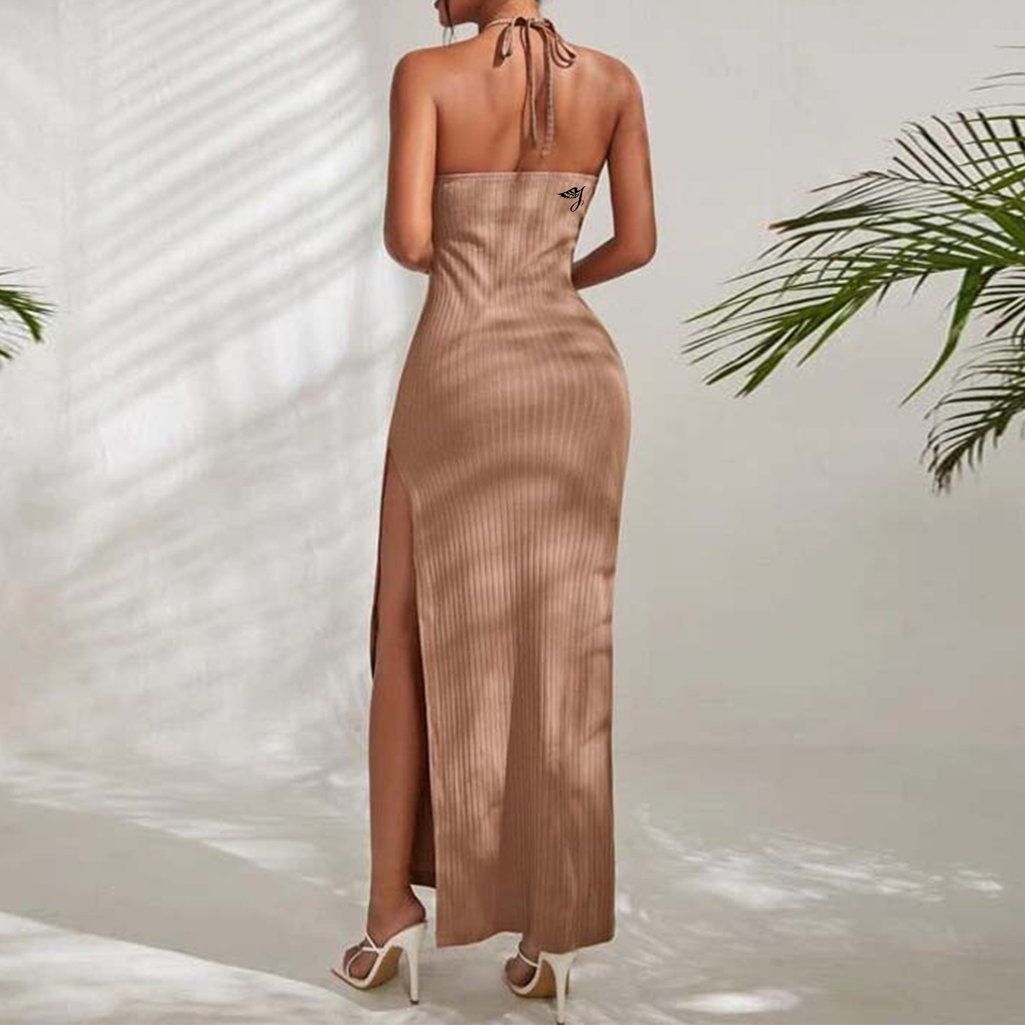 Custom Cotton Ribbed Maxi Party Camisole Dresses For Women Beige Halter Lady Elegant Slit Ring Cutout Bodycon Long Casual Dress
