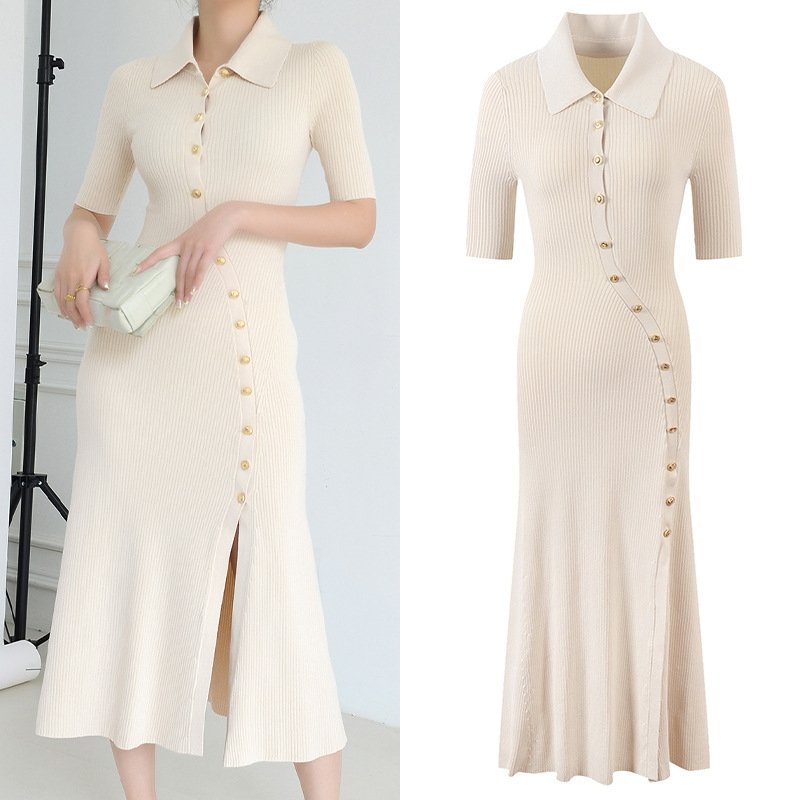 OEM Custom Summer Fall Casual Women's Ladies Short Sleeve Ribbed Wool Button Knitted Sweater Dress