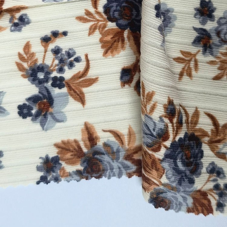 Custom flower printed knit softy 95%polyester 5%spandex stretch rib fabric for clothing,women wear