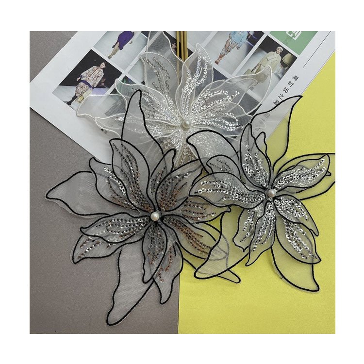 Flower three-dimensional nail bead embroidery fabric with organza lace for women's wedding dress soft decoration accessories