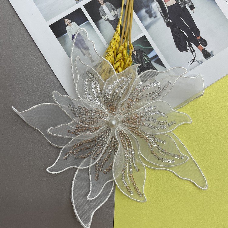 Flower three-dimensional nail bead embroidery fabric with organza lace for women's wedding dress soft decoration accessories