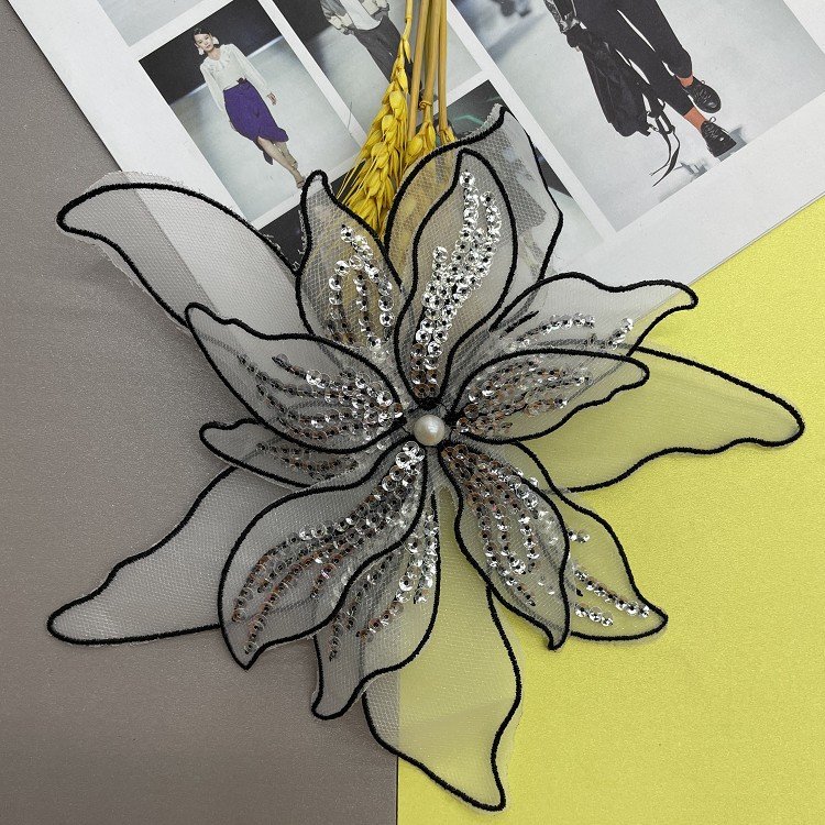 Flower three-dimensional nail bead embroidery fabric with organza lace for women's wedding dress soft decoration accessories