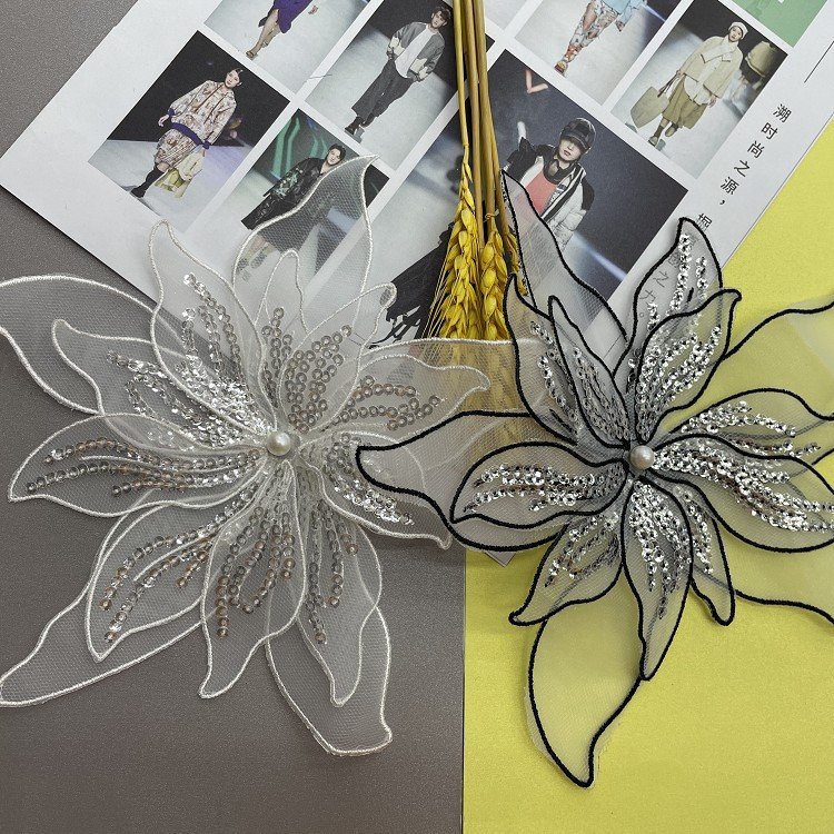 Flower three-dimensional nail bead embroidery fabric with organza lace for women's wedding dress soft decoration accessories