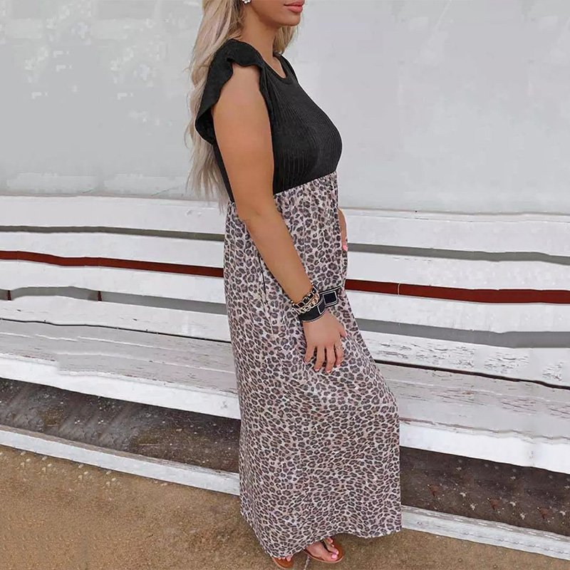 Hot Sale 2023 Leopard Patchwork Ribbed Lady Elegant Sexy Maxi Long Dress For Women