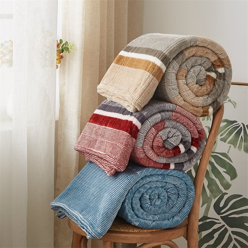 Super Soft Flannel Blanket for Bed Sofa Office Yarn-Dyed Milk Velvet Bedspread Warm Throw Blankets Plaid Striped Bed Cover