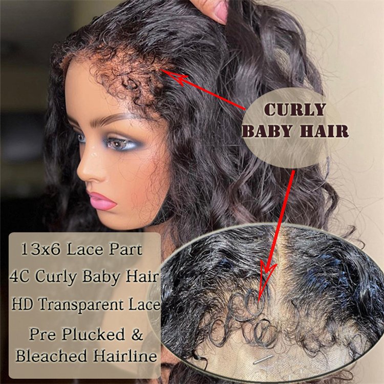 Sample 4C Textured Hairline Wigs Curly Baby Hair Natural Edges Skin Melt HD Lace Frontal Wigs Kinky Curly Human Hair Wigs