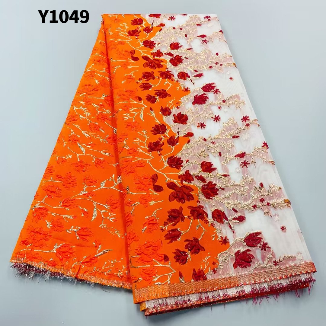 African Lace Jacquard Fabrics /Latest Orange Lace Embroidery Fabric /Satin Jacquard Brocade Fabric For French Tulle Lace Fabric