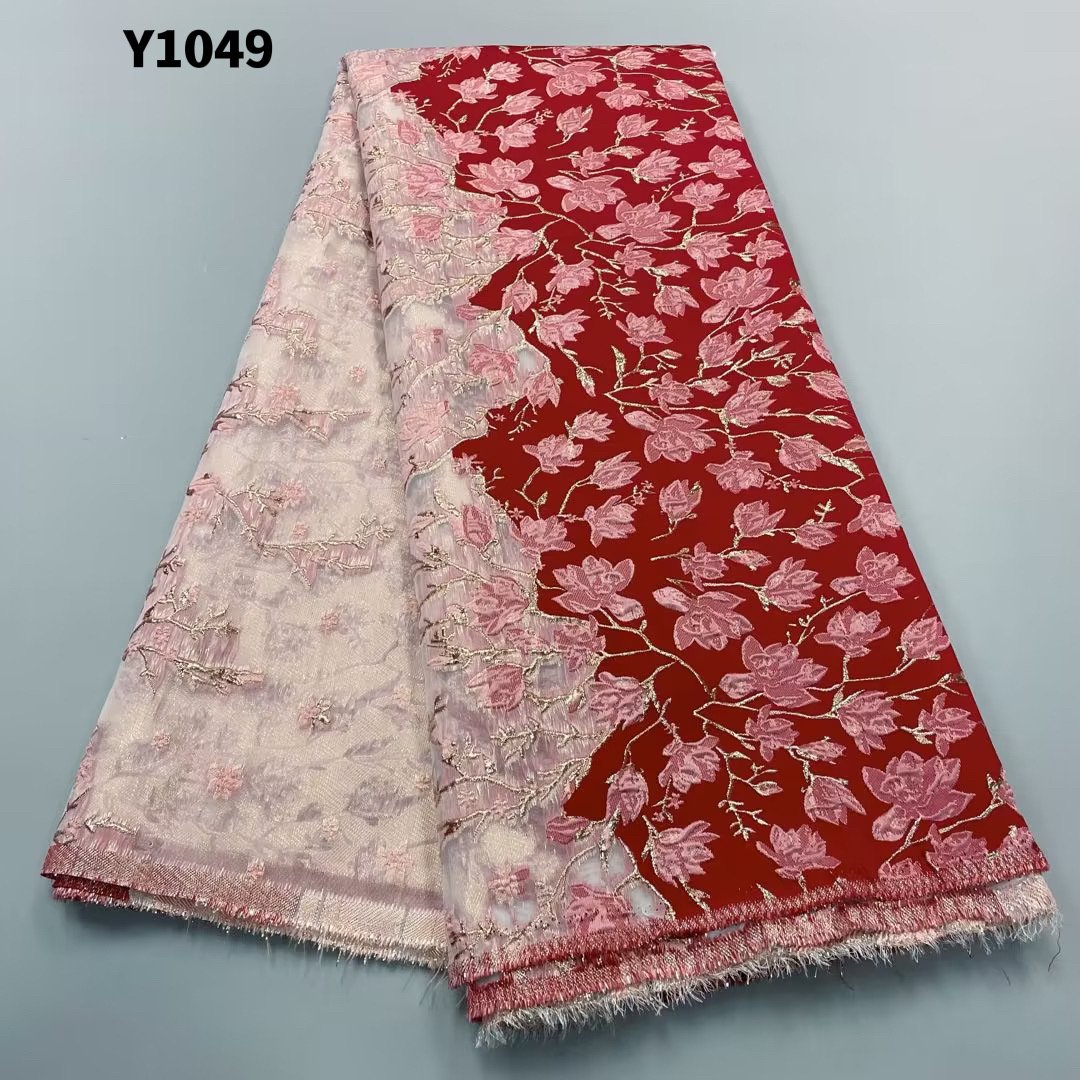 African Lace Jacquard Fabrics /Latest Orange Lace Embroidery Fabric /Satin Jacquard Brocade Fabric For French Tulle Lace Fabric