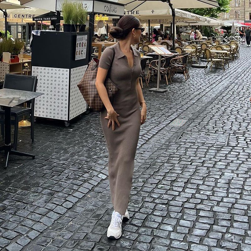 2023 Summer New Fashion Women's Knitted Elegant Short-sleeved Split Dresses Sexy Turn-down Collar Ladies Casual Dresses