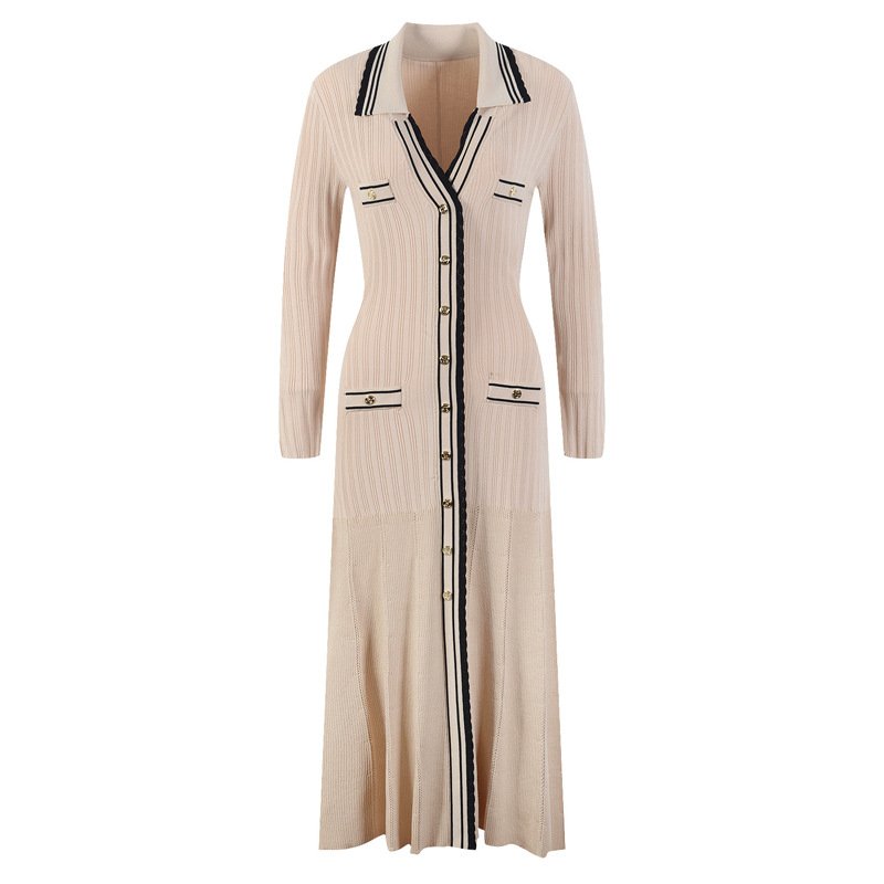 polo neck single-breasted long slim-fit rib knit long-sleeved sweater dress for women
