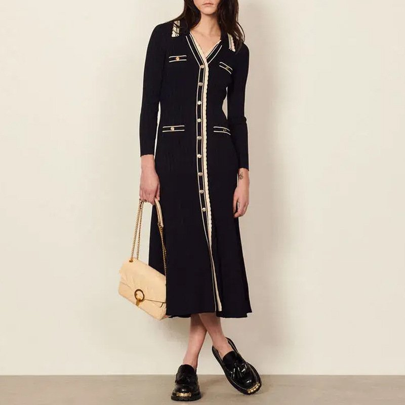 polo neck single-breasted long slim-fit rib knit long-sleeved sweater dress for women