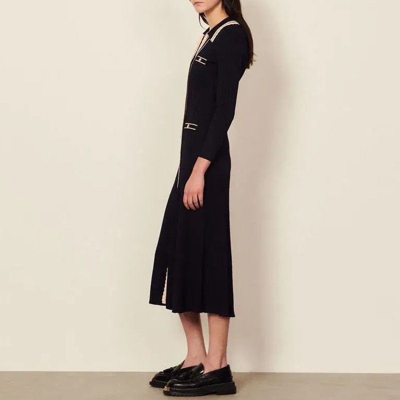 polo neck single-breasted long slim-fit rib knit long-sleeved sweater dress for women