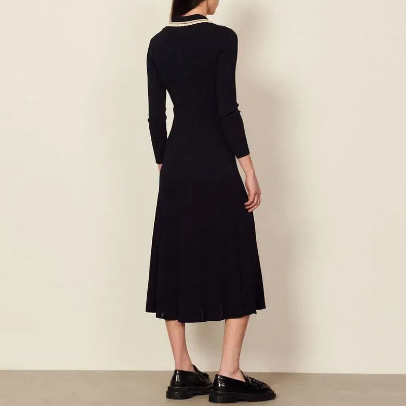polo neck single-breasted long slim-fit rib knit long-sleeved sweater dress for women