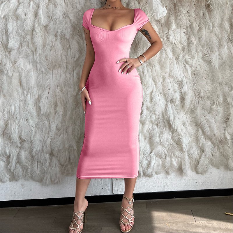 2024 Casual Women's Solid Bodycon Sexy Club Party Lady Long Porn Slim-Fit Summer Evening Dress With Rib Collar