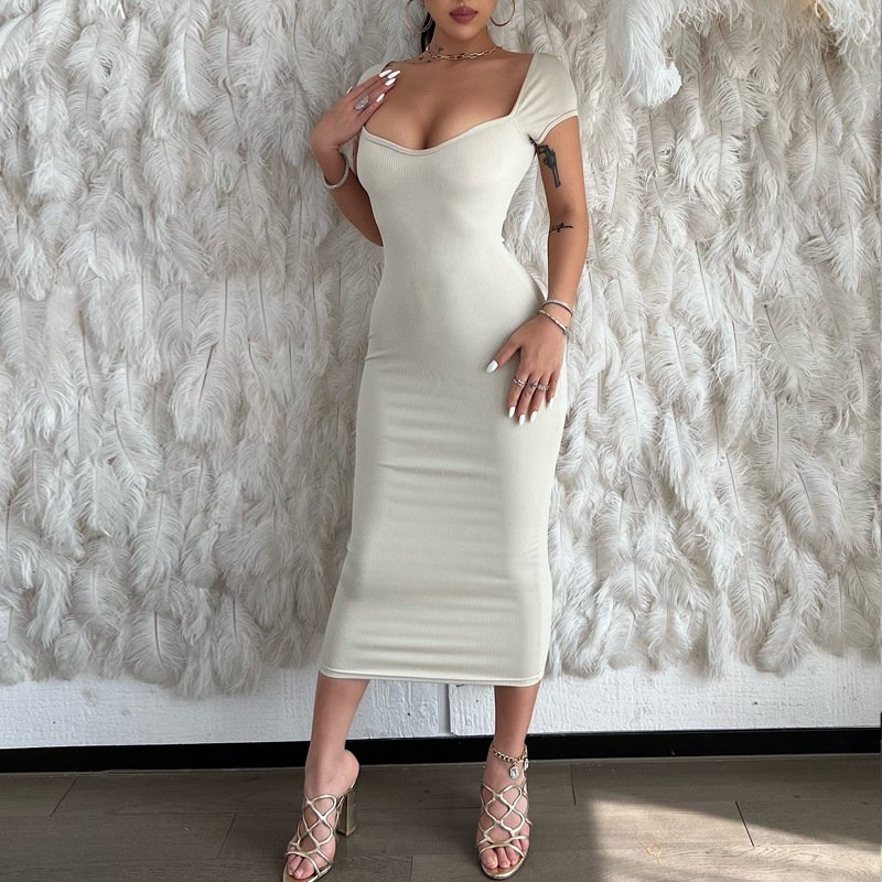 2024 Casual Women's Solid Bodycon Sexy Club Party Lady Long Porn Slim-Fit Summer Evening Dress With Rib Collar