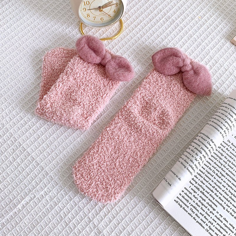 Winter Women Warm Fuzzy Fluffy Fleece Thick Cozy Cute Big Bowknot Slipper Socks