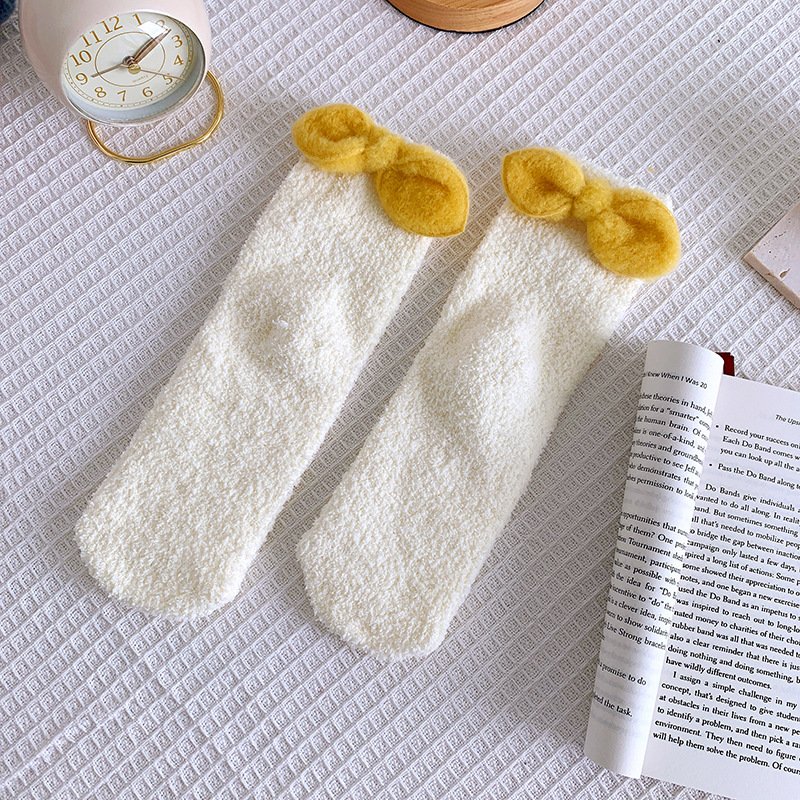 Winter Women Warm Fuzzy Fluffy Fleece Thick Cozy Cute Big Bowknot Slipper Socks