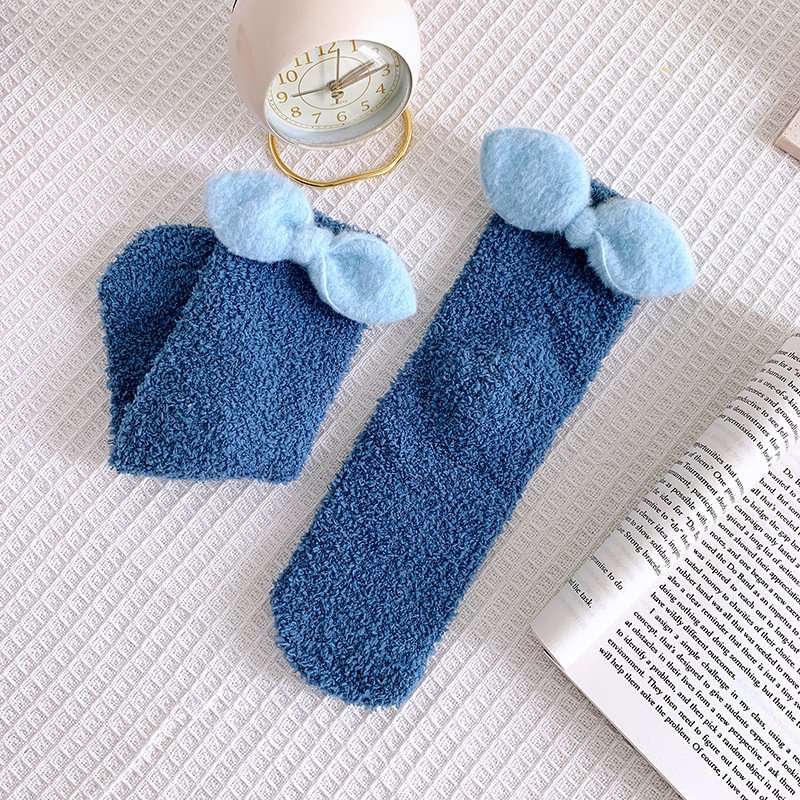 Winter Women Warm Fuzzy Fluffy Fleece Thick Cozy Cute Big Bowknot Slipper Socks