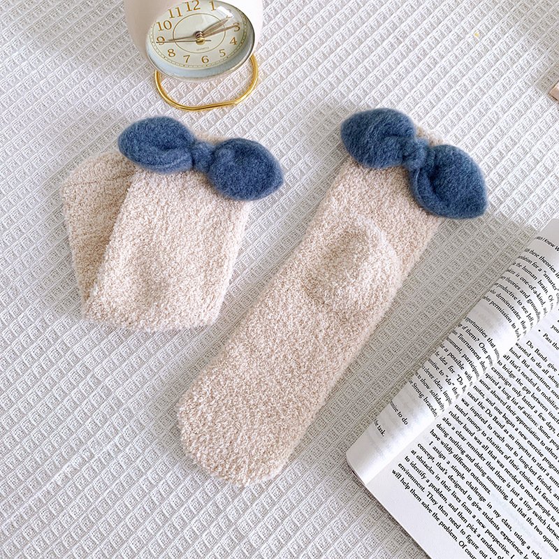 Winter Women Warm Fuzzy Fluffy Fleece Thick Cozy Cute Big Bowknot Slipper Socks