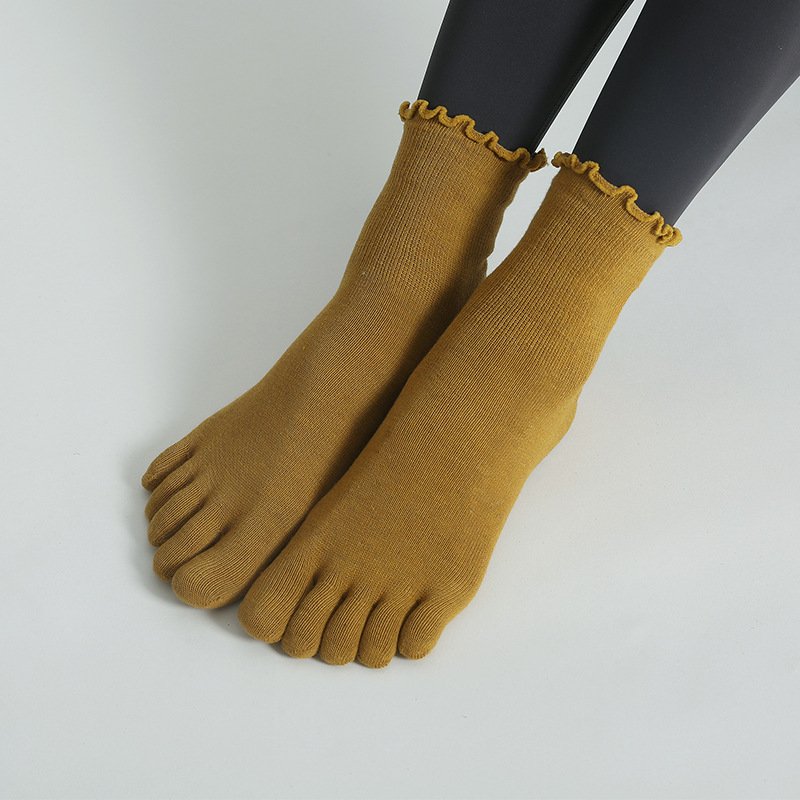 KTS131 OEM Custom Logo Cotton Solid Color Lace Rib Anti Slip Indoor Trampoline Women's Five Finger Yoga Pilates Grip Socks
