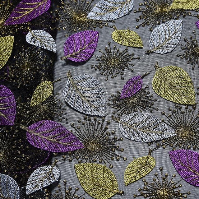 Embroidered Mesh Lace Fabric New Design Colorful Leaves Pattern Stretch Nylon Embroidery Yarn Decorated Fashion Customized Color