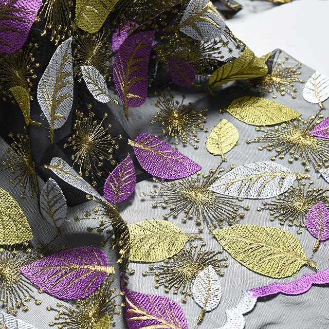 Embroidered Mesh Lace Fabric New Design Colorful Leaves Pattern Stretch Nylon Embroidery Yarn Decorated Fashion Customized Color