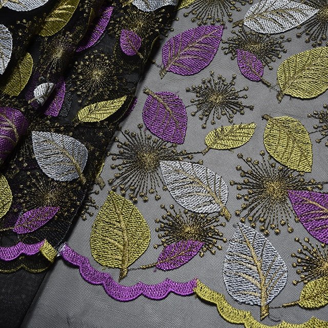 Embroidered Mesh Lace Fabric New Design Colorful Leaves Pattern Stretch Nylon Embroidery Yarn Decorated Fashion Customized Color